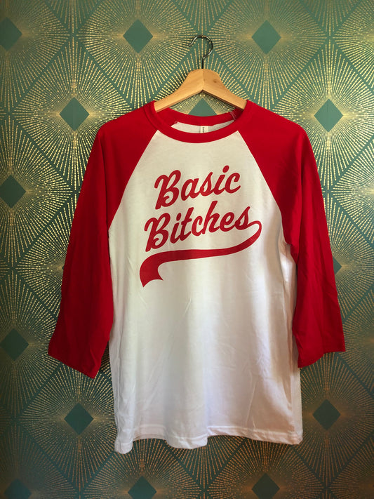 Red/White baseball shirt with 'Basic Bitches' written on the front